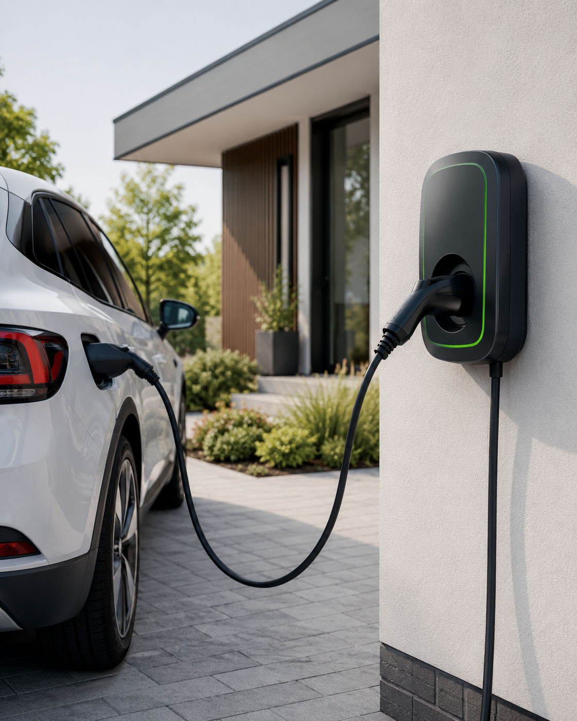 Home EV charger installed beside an electric car